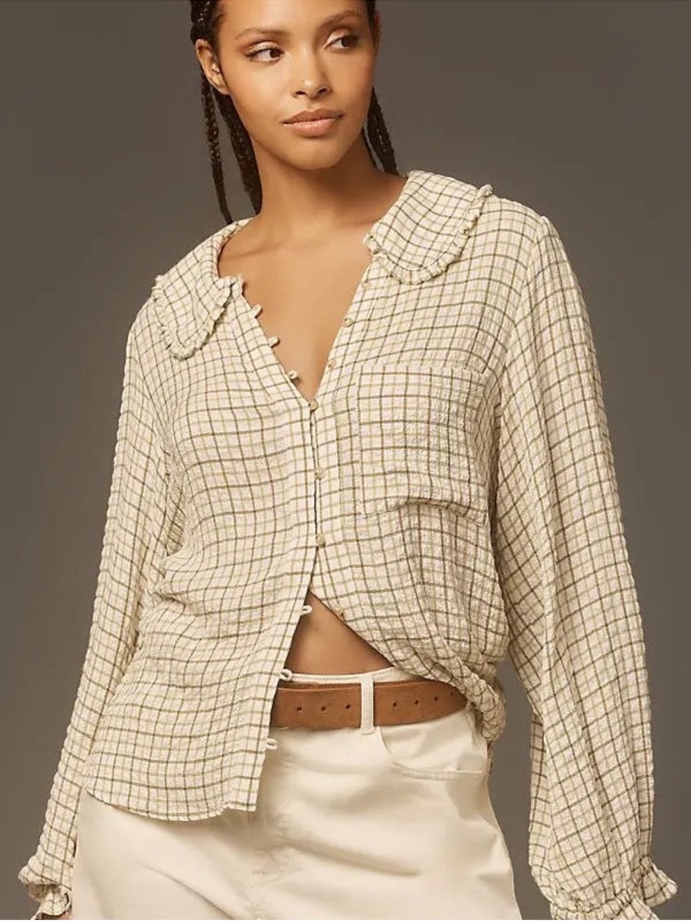 Pilcro Keira Green Plaid Button-Front Peter Pan Collared Women's Top Size L